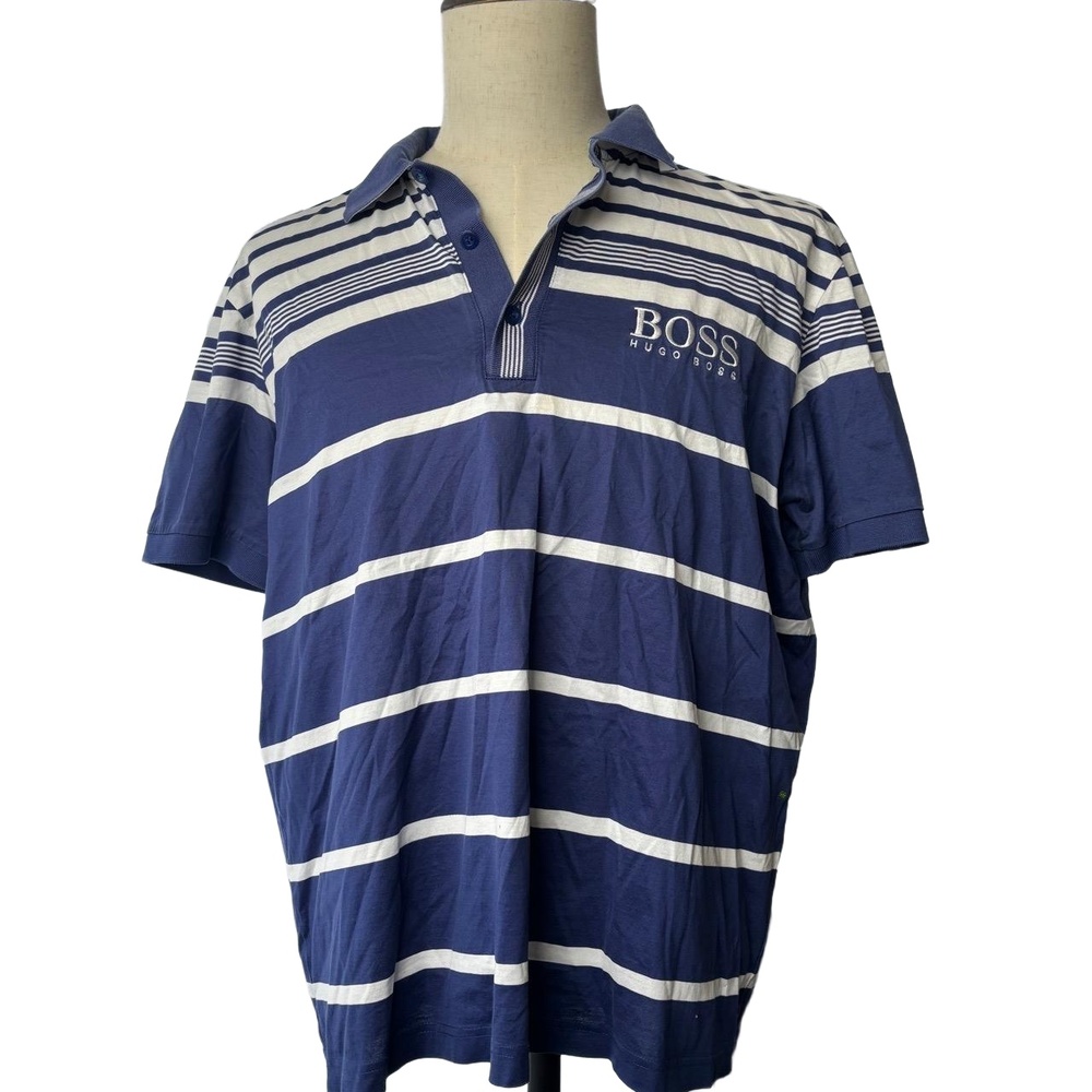 Hugo Boss Shirt Mens Size Extra Large Navy Polo Short Sleeve Striped Modern Clas